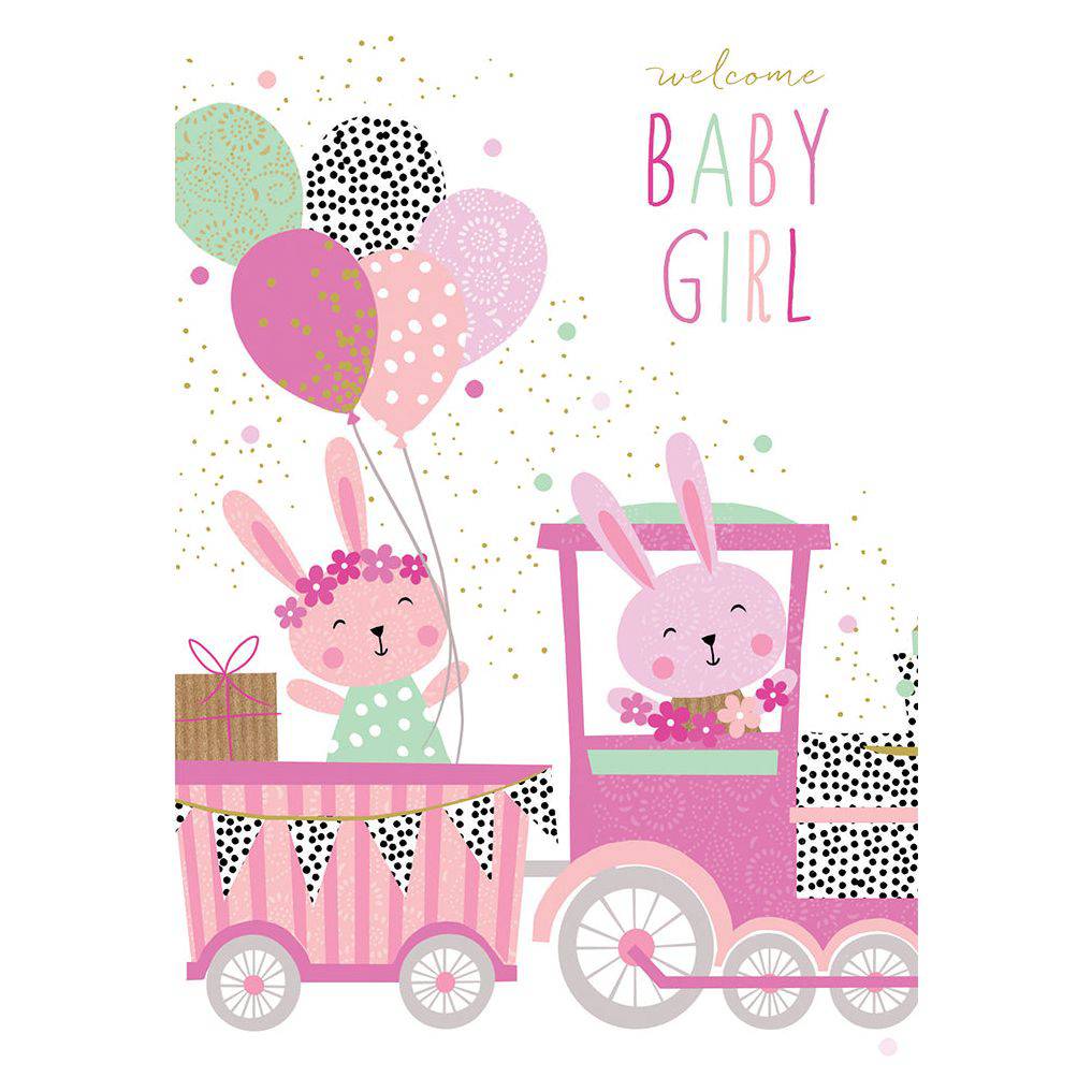 Pictura Bunny Train baby girl card from Sara Miller's everyday card collection with colorful bunny and train illustrations.
